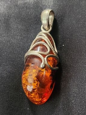 Antique Sterling Silver Amber Teardrop Pendant - Rich Honey Orange